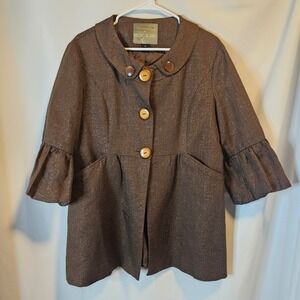 Mac & Jac Shimmer Babydoll Coat Womens 14 Brown Metallic Ruffle Sleeve Vintage
